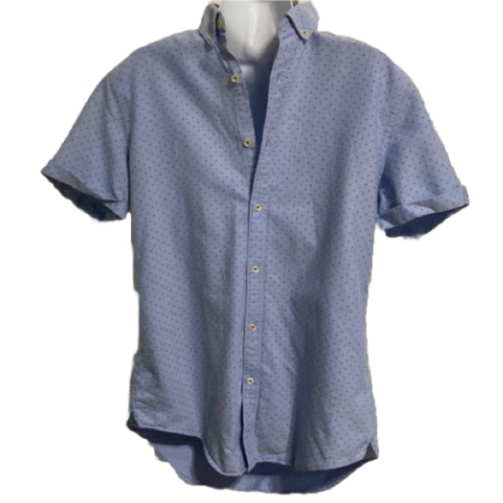 ZARA MAN Slim Fit Button Front Oxford Blue Polka Dot Short Sleeve Shirt Large